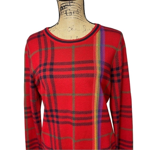 VINTAGE Scottish Plaid Wool Blend Red Sweater with Rainbow Stripe Size Small - Picture 5 of 7